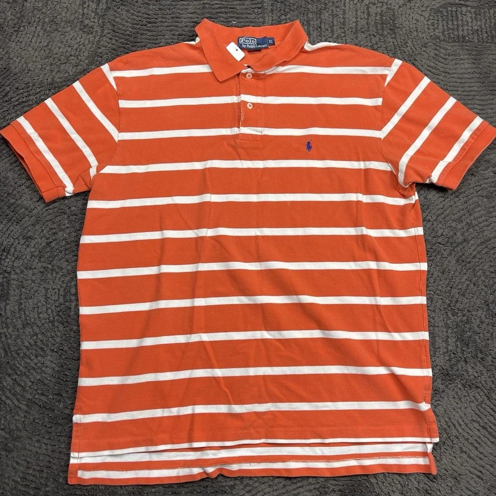 Polo Ralph Lauren Men's XL‎ Orange White Striped Short Sleeve Polo Shirt Cotton
